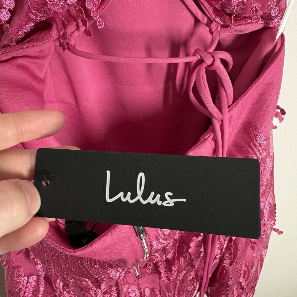 Lulus Women XL Making Magic Bright Pink Fringe Lace-Up Mini Dress NWT - Picture 12 of 14